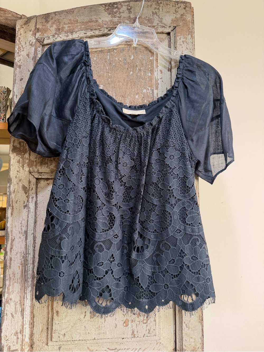 Moulinette Soeurs Navy Lace Puff-Sleeve Blouse